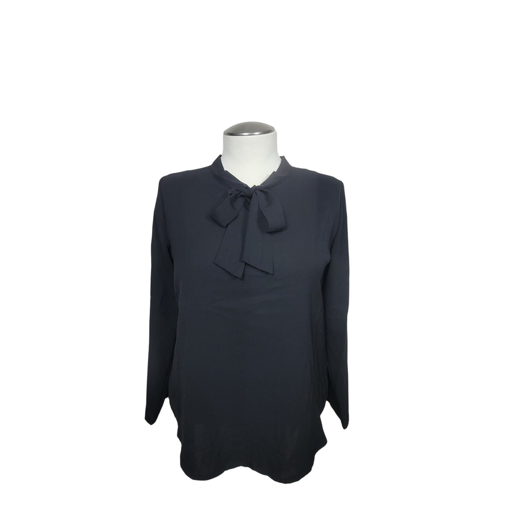 Moyabo Tie Neck Blouse Womens Large Black Roll Tab Sleeve Excellent Condition